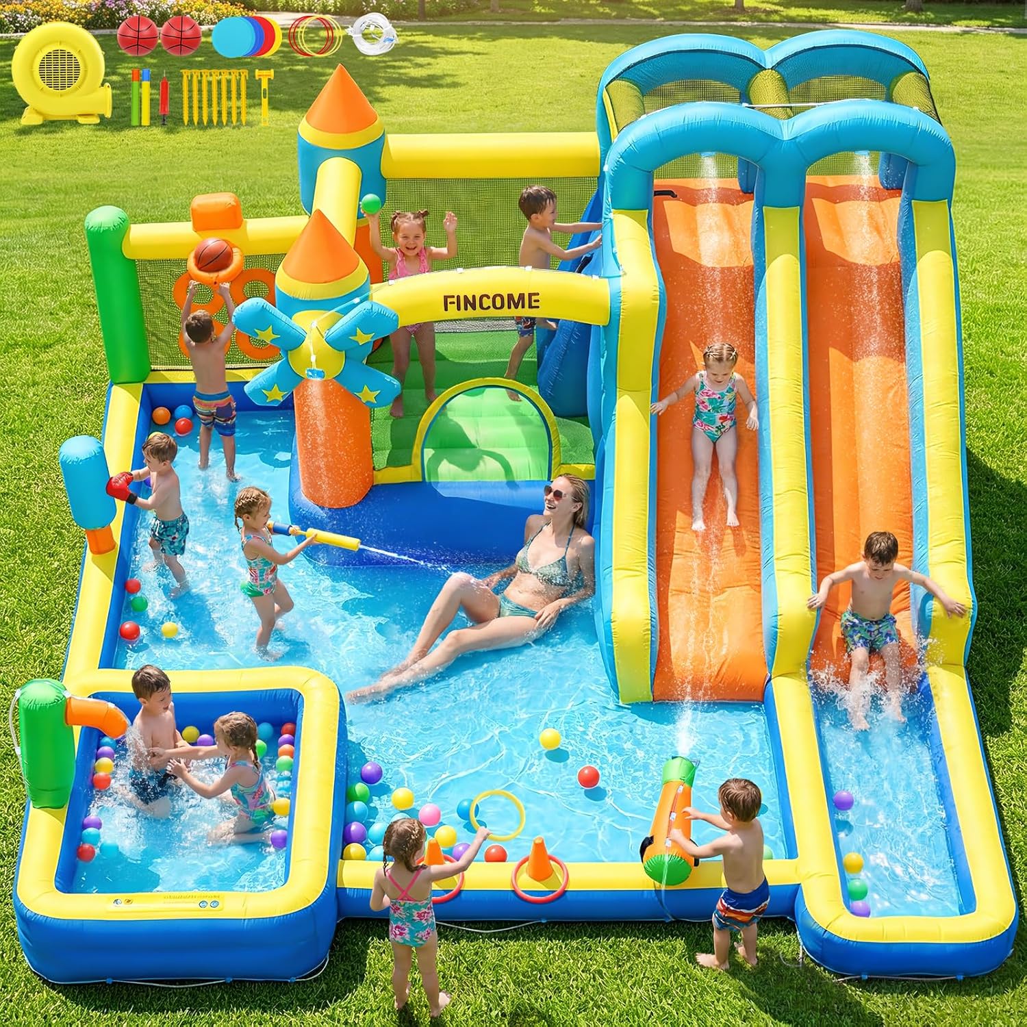 Kids Outdoor Water Park - 10-in-1 Inflatable Bouncy Castle with Dual
