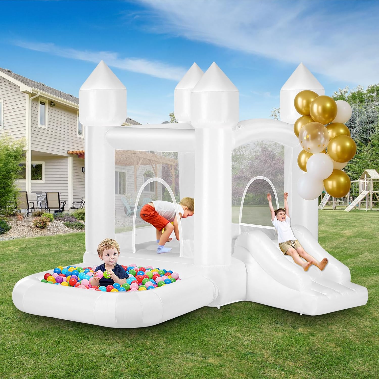 Kids White Bounce House with B - Kids Outdoor Jumping ulasan dan harga