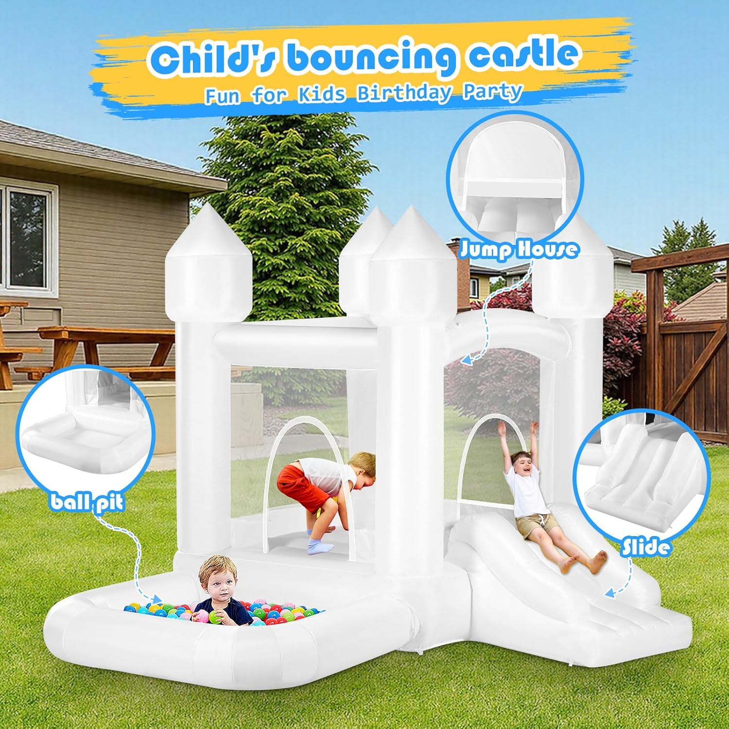 Kids White Bounce House with B - Kids Outdoor Jumping ulasan dan harga