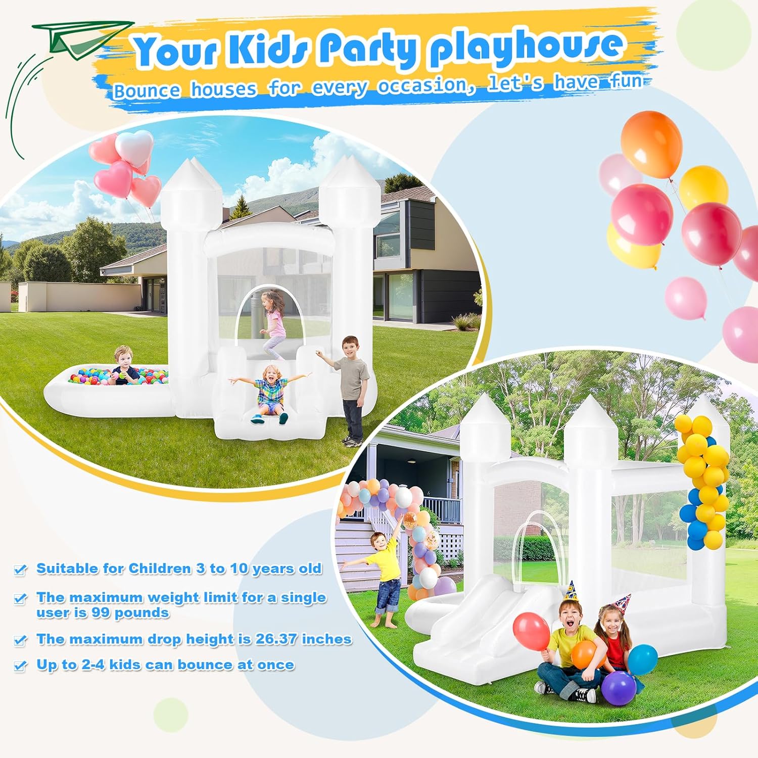 Kids White Bounce House with B - Kids Outdoor Jumping ulasan dan harga