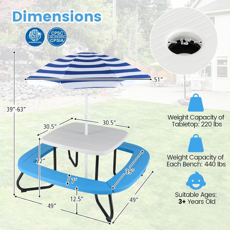 Costzon Kids Picnic Table, Kid - Kids Outdoor Umbrella For Table ulasan dan harga