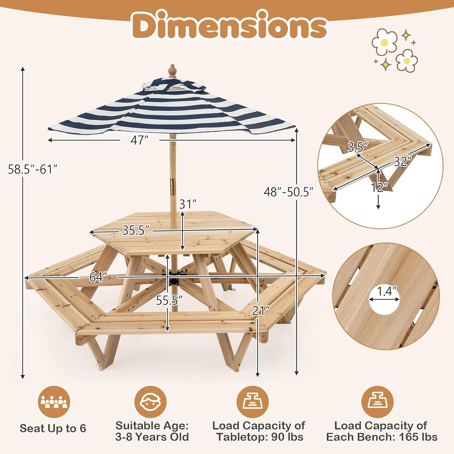 Kids Picnic Table, Hexagonal T - Kids Outdoor Umbrella For Table ulasan dan harga