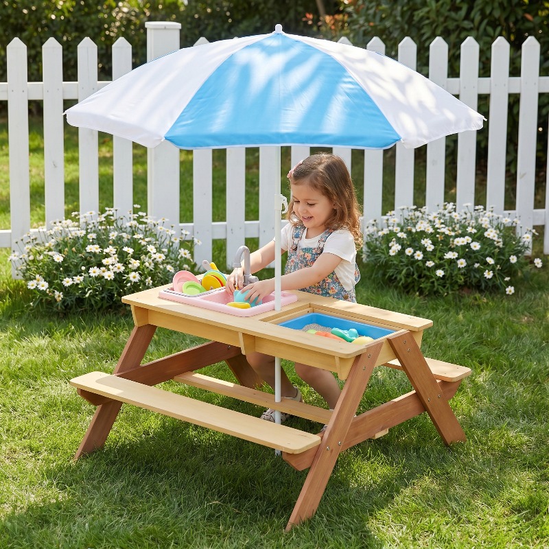 Wooden Kids Picnic Table, Sand - Kids Outdoor Umbrella For Table ulasan dan harga