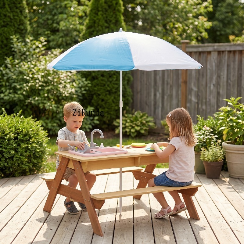 Wooden Kids Picnic Table, Sand - Kids Outdoor Umbrella For Table ulasan dan harga